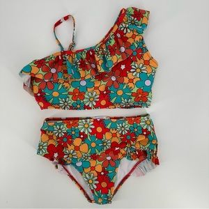 Arshiner Girls Bikini Set Retro Floral One Shoulder Ruffle Size 160 12